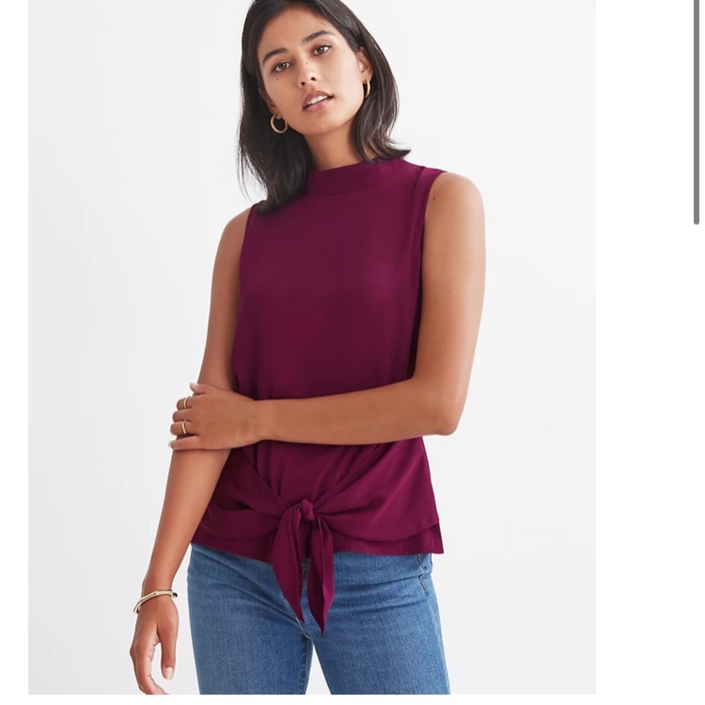 Ann Taylor Mixed Media Tie Waist Mock Neck Shell